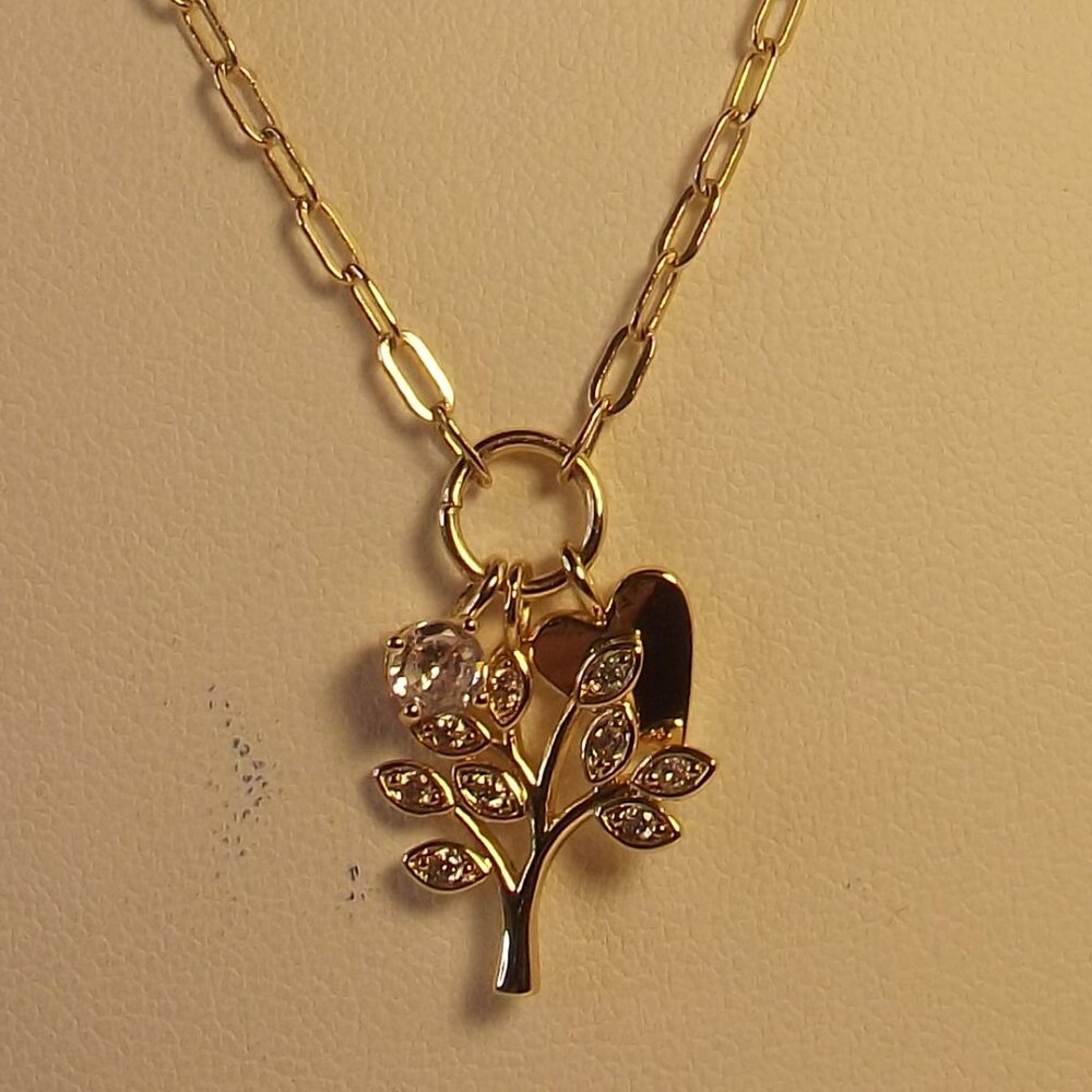 LA CN Necklace Gold Tone Chain with Tree Charm Solitaire Crystal & Heart